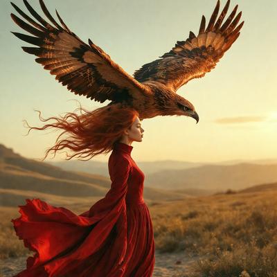 Primary subject: A woman with red hair and a red dress, with a bird perched on her head.

Setting/background: The woman is standing in a field with mountains in the background.

Visual style: The image is a digital artwork.

Colors and mood: The image has a warm and vibrant color palette, with the red dress and the bird's feathers adding a sense of energy and life to the scene.